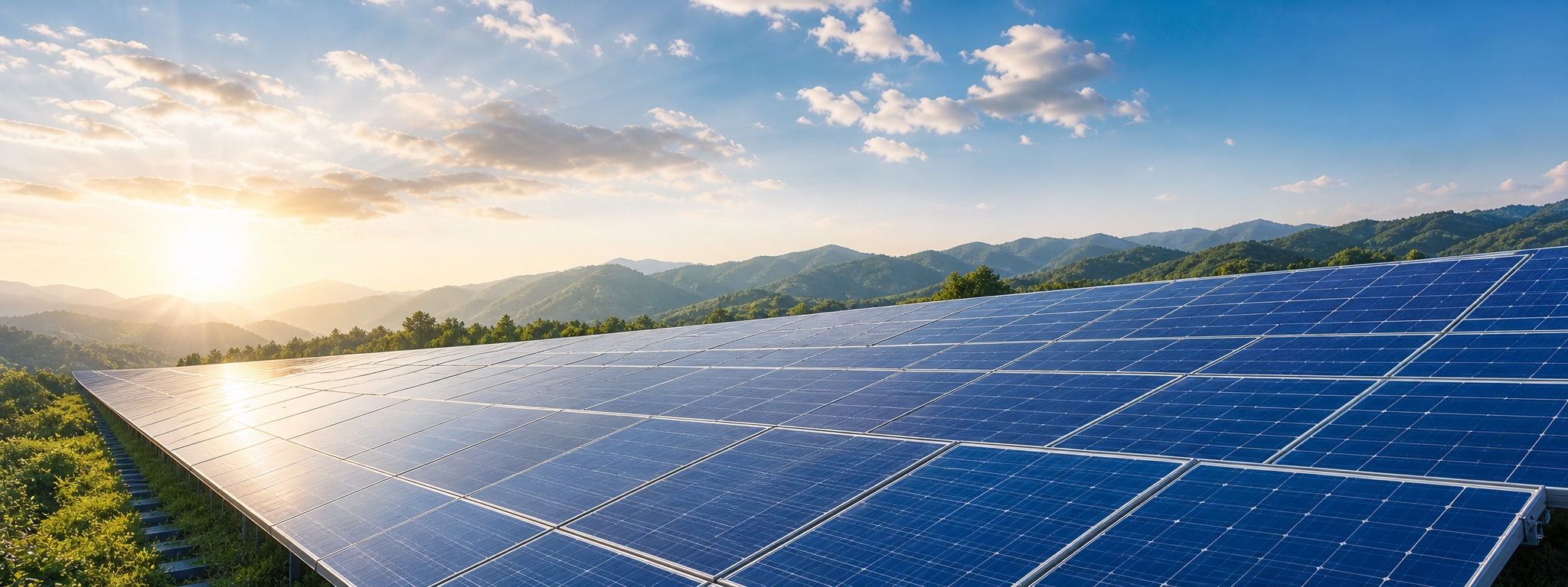 Solar panels across a mountain landscape